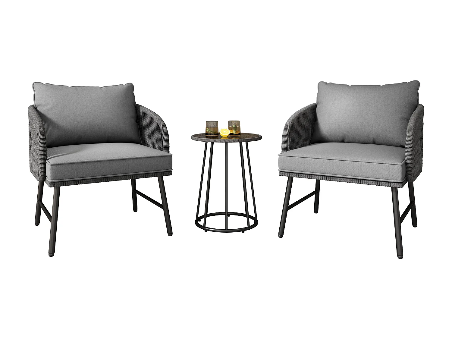 Bistro-Garten-Salon-Sets aus 3 Teilen, 2 Sessel + niedriger Tisch, geflochtene Schnur, Tischplatte aus Glas, Grau