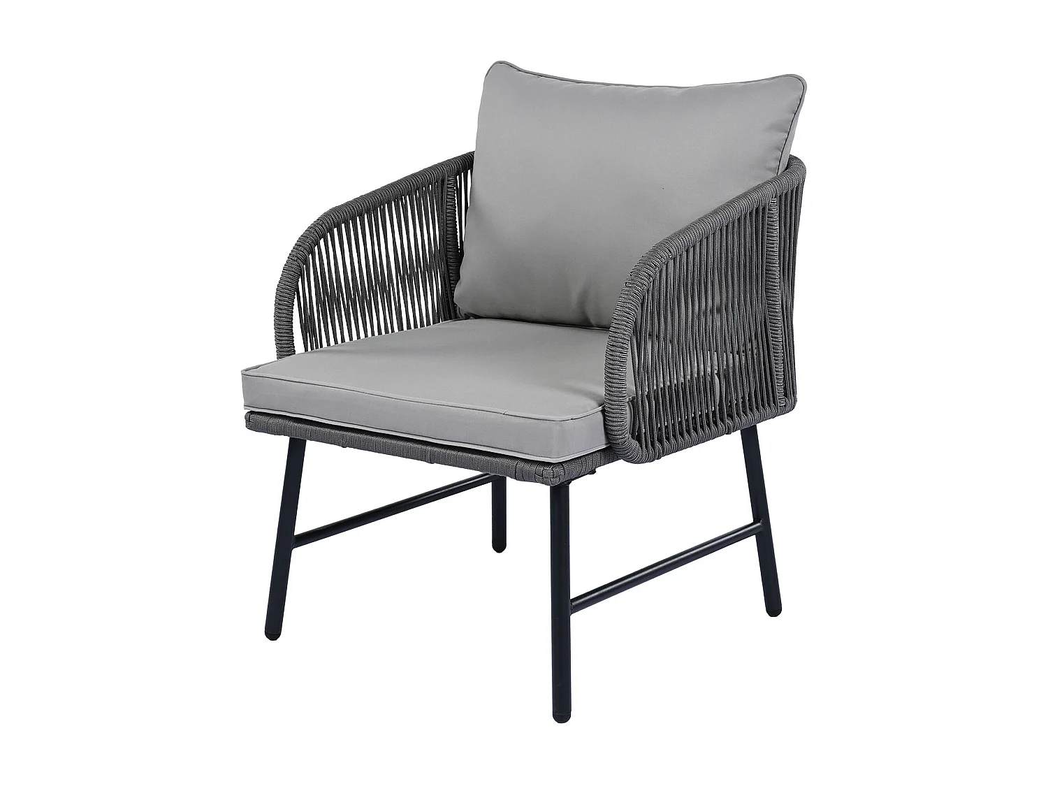 Bistro-Garten-Salon-Sets aus 3 Teilen, 2 Sessel + niedriger Tisch, geflochtene Schnur, Tischplatte aus Glas, Grau