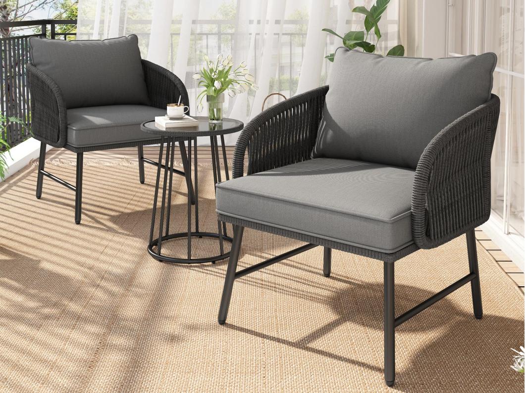 Set da salotto da giardino bistrò di 3 pezzi, 2 poltrone + tavolino basso, corda intrecciata, piano di tavolo in vetro, grigio