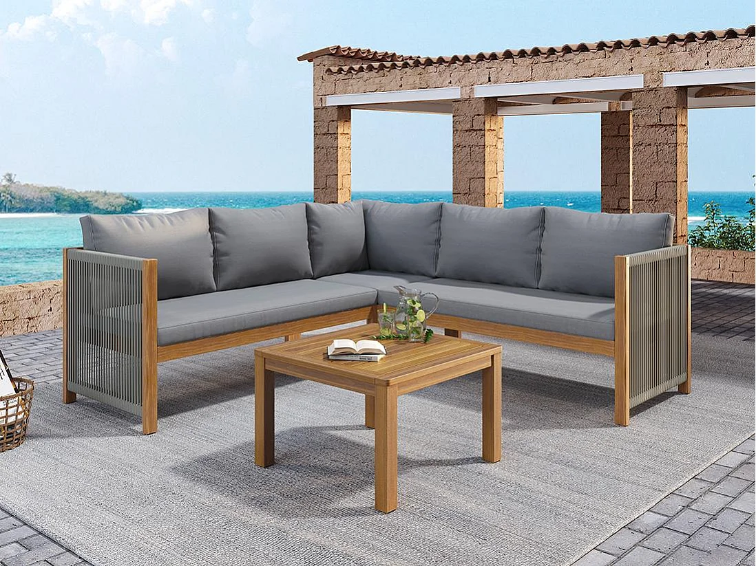Set da salotto da giardino per 5 persone, divano angolare + tavolino basso, struttura in acacia, in corda intrecciata, grigio