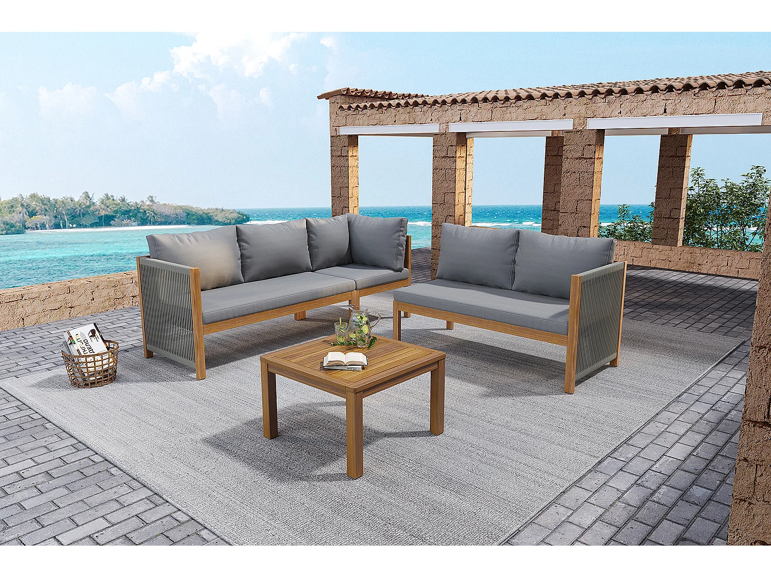 Set da salotto da giardino per 5 persone, divano angolare + tavolino basso, struttura in acacia, in corda intrecciata, grigio