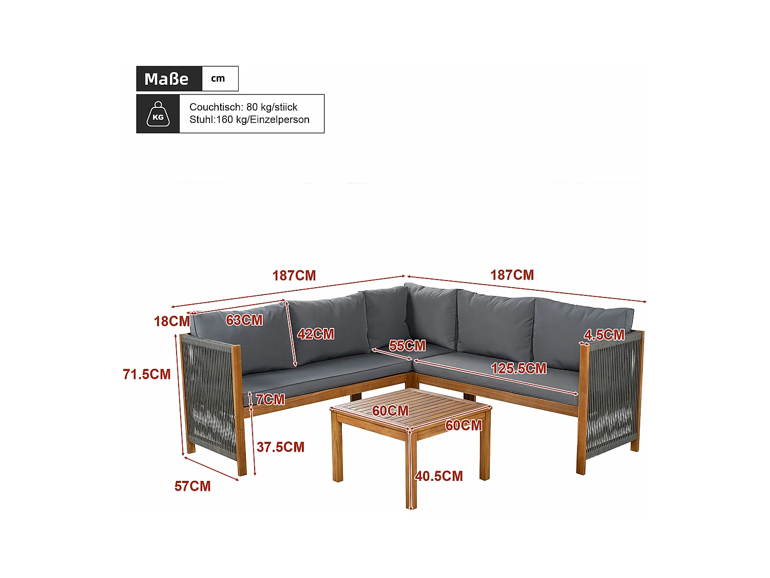 Set da salotto da giardino per 5 persone, divano angolare + tavolino basso, struttura in acacia, in corda intrecciata, grigio