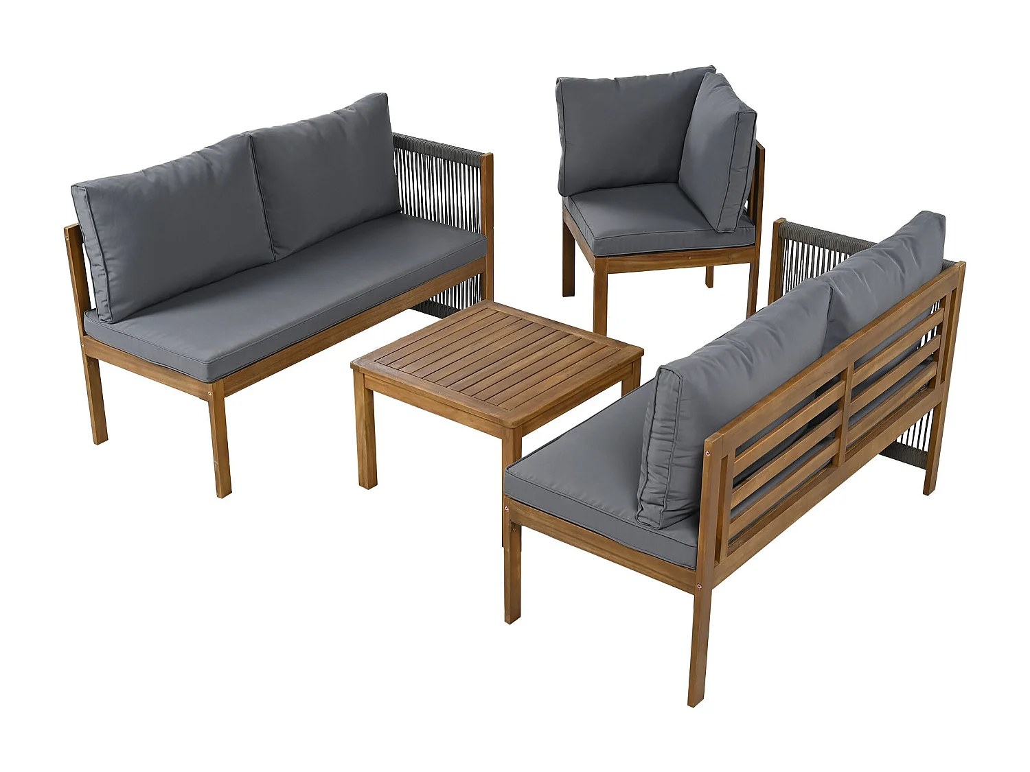 Set da salotto da giardino per 5 persone, divano angolare + tavolino basso, struttura in acacia, in corda intrecciata, grigio