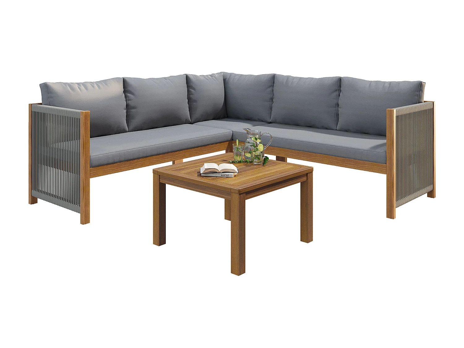 Zestaw mebli ogrodowych 5-osobowy, narożna sofa + stolik kawowy, konstrukcja z akacji, plecionka, szary