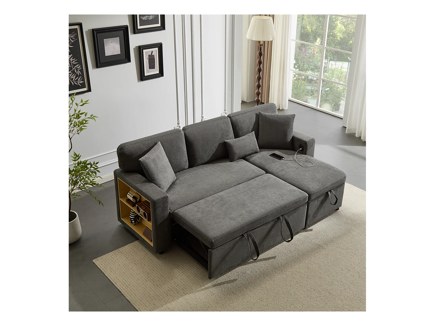 Kanapa 215x133x85cm - z portem USB - z miejscem do przechowywania - z funkcją łóżka - szara