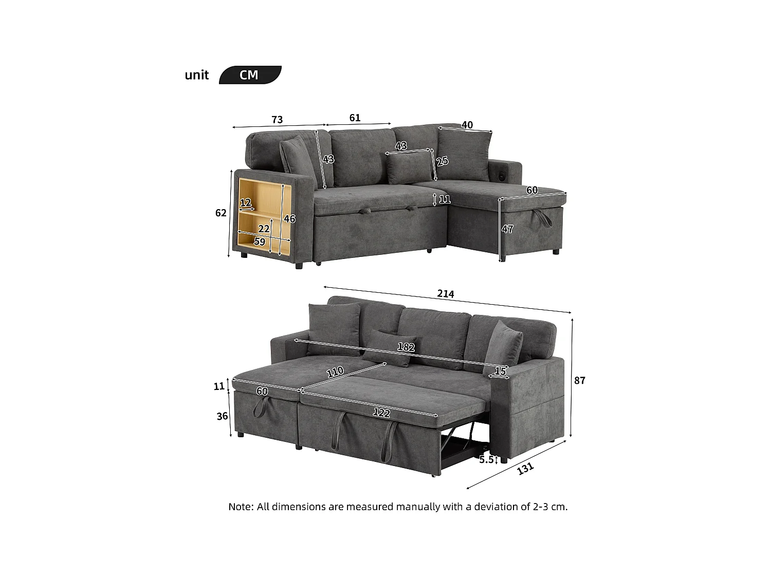 Kanapa 215x133x85cm - z portem USB - z miejscem do przechowywania - z funkcją łóżka - szara