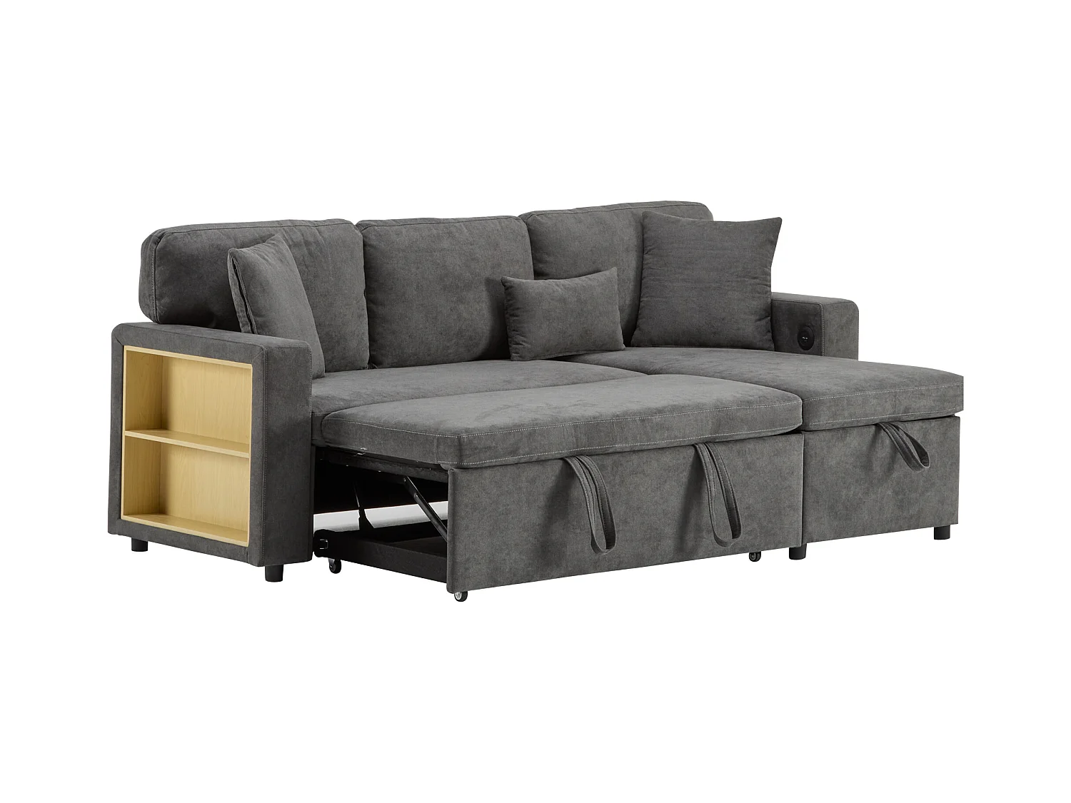 Kanapa 215x133x85cm - z portem USB - z miejscem do przechowywania - z funkcją łóżka - szara