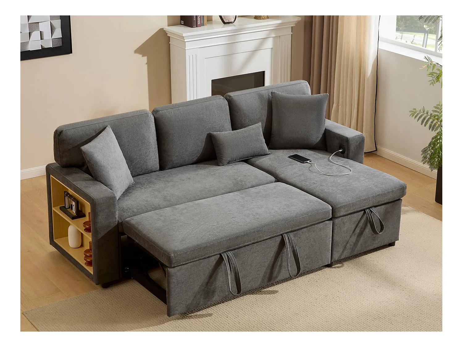 Canapé 215x133x85cm - avec port USB - avec rangement - avec fonction lit - gris