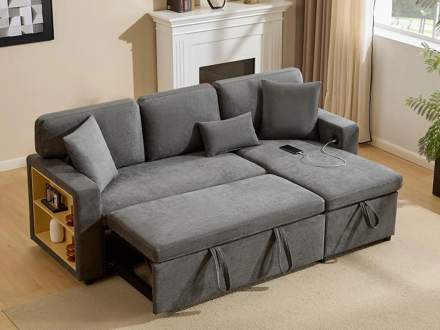 Canapé 215x133x85cm - avec port USB - avec rangement - avec fonction lit - gris