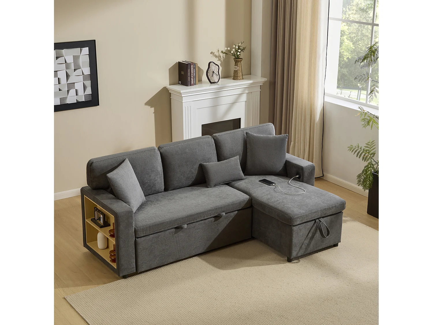 Canapé 215x133x85cm - avec port USB - avec rangement - avec fonction lit - gris