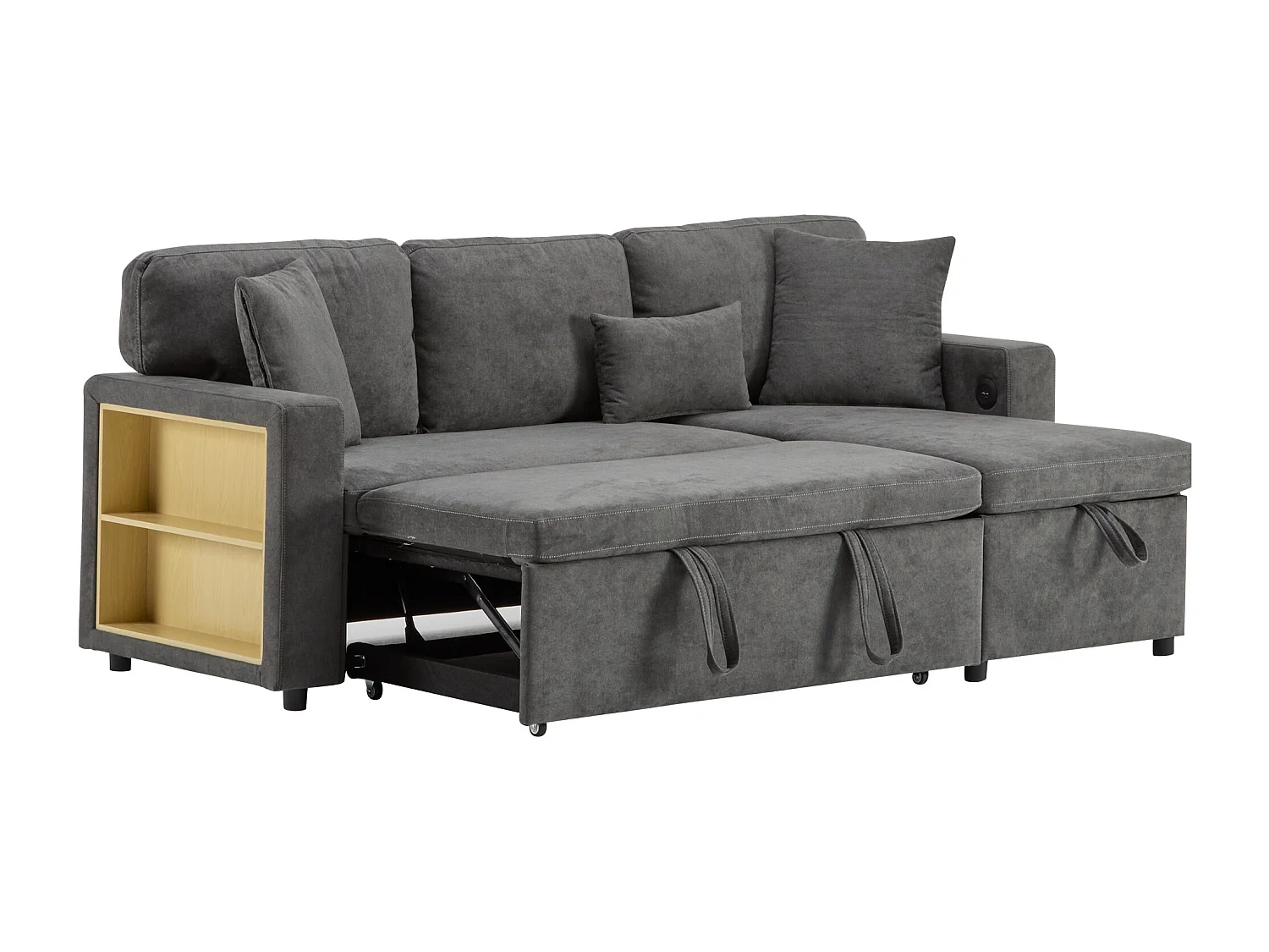 Canapé 215x133x85cm - avec port USB - avec rangement - avec fonction lit - gris