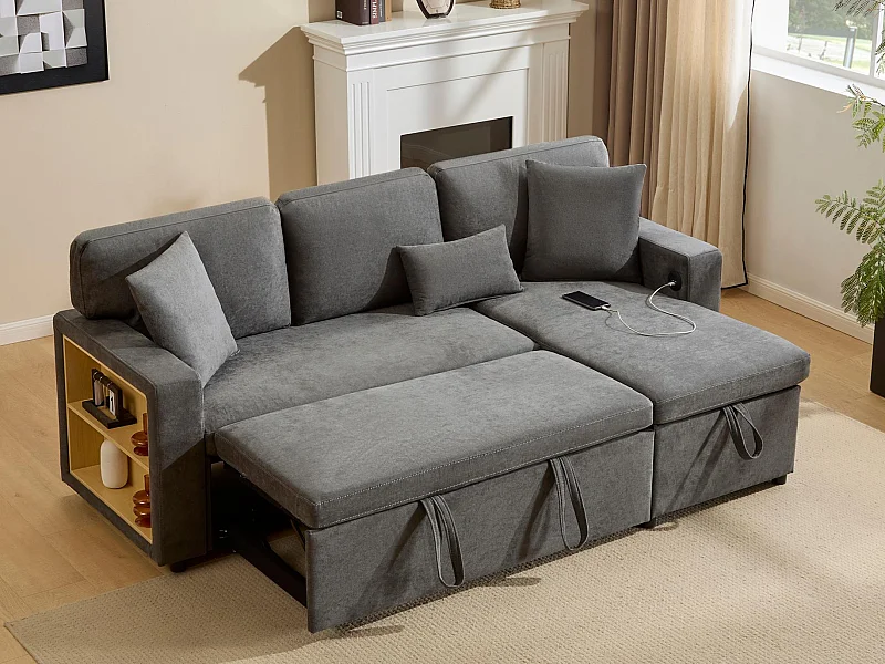 Sofa 215x133x85 cm - met USB-poort - met opslagruimte - met bedfunctie - grijs