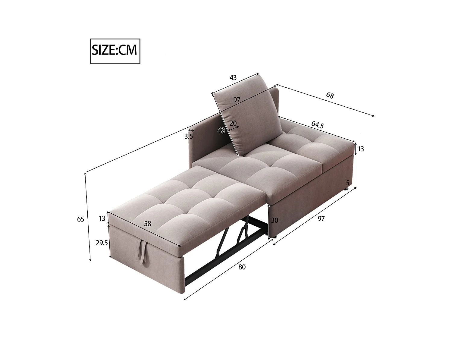 Gestoffeerde slaapbank 177x68x65 cm - Multifunctionele 3-in-1 slaapbank - Linnen - Verstelbare rugleuning - Grijs