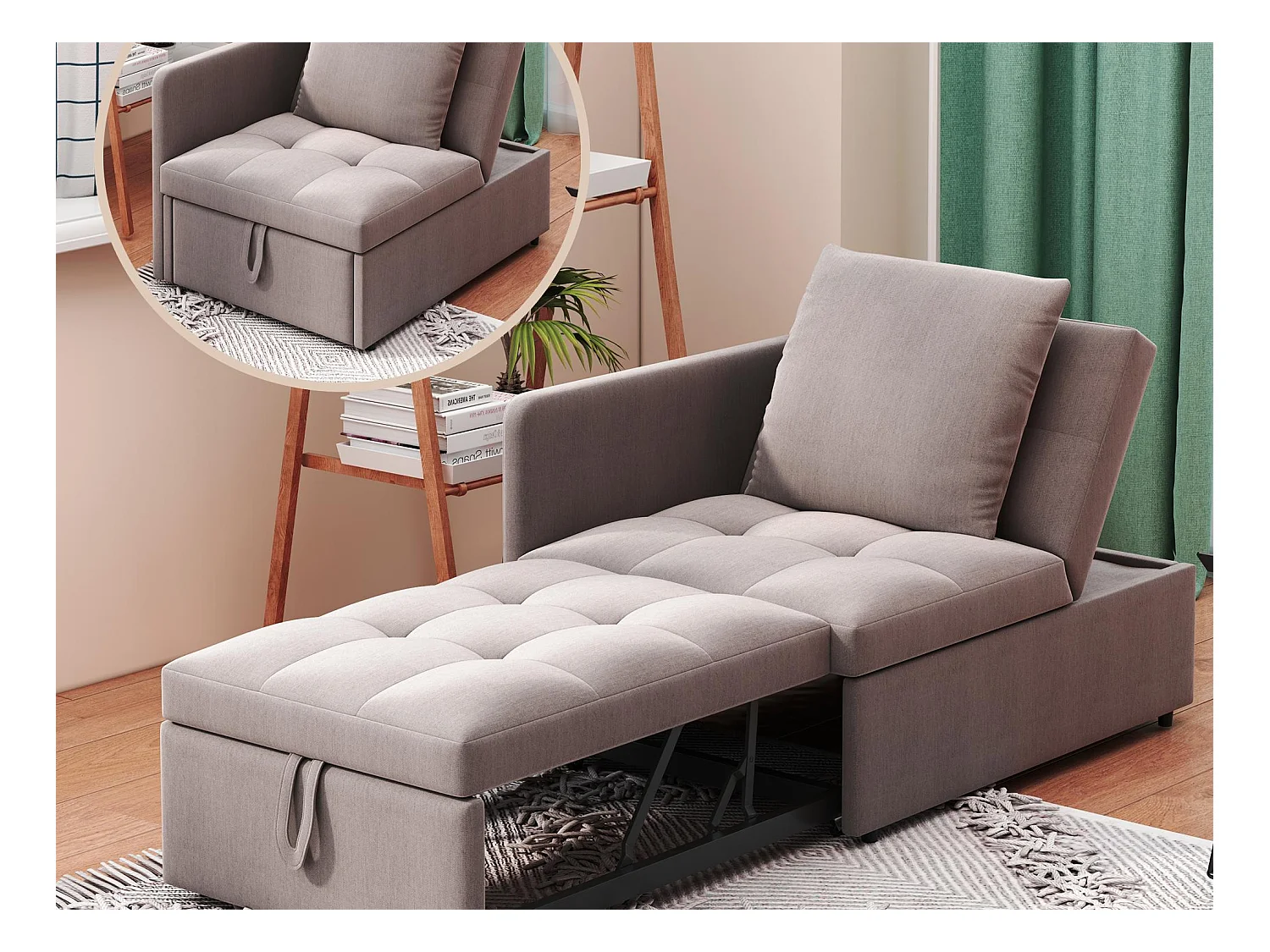 Canapé-lit rembourré 177x68x65cm - Canapé-lit multifonction 3 en 1 - Lin - Dossier réglable - Gris