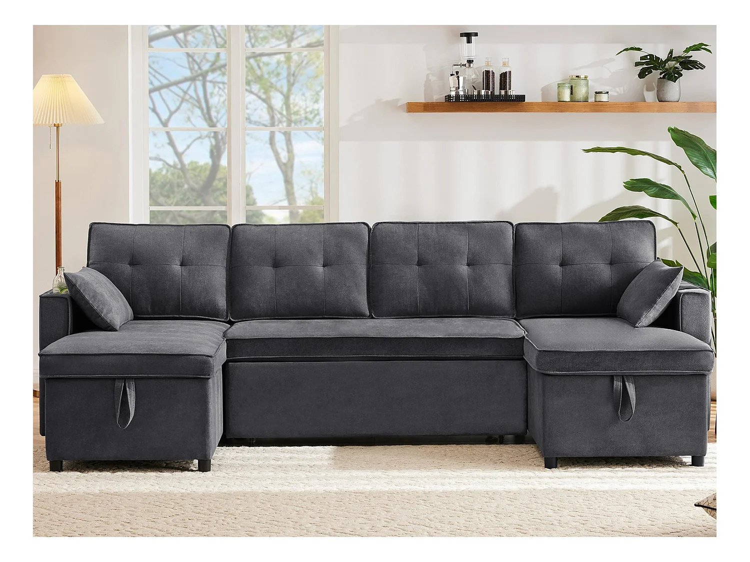 Canapé en U 270x130x86cm - Canapé rembourré - Tissu coton et lin - Avec porte-gobelet - Deux compartiments de rangement - Gris