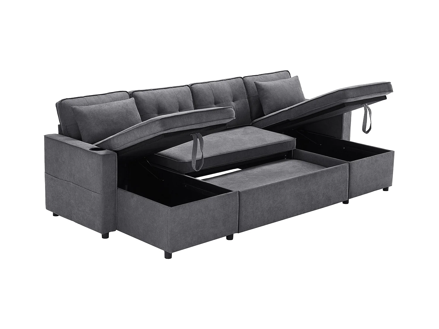 Canapé en U 270x130x86cm - Canapé rembourré - Tissu coton et lin - Avec porte-gobelet - Deux compartiments de rangement - Gris