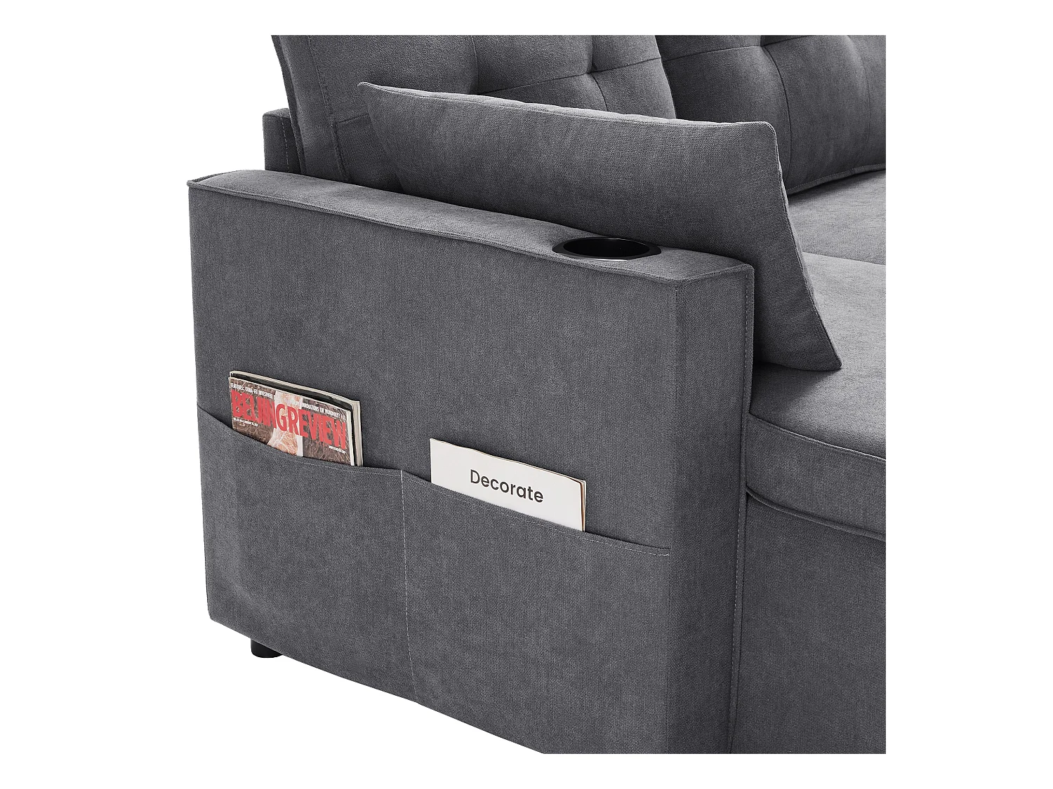 Canapé en U 270x130x86cm - Canapé rembourré - Tissu coton et lin - Avec porte-gobelet - Deux compartiments de rangement - Gris