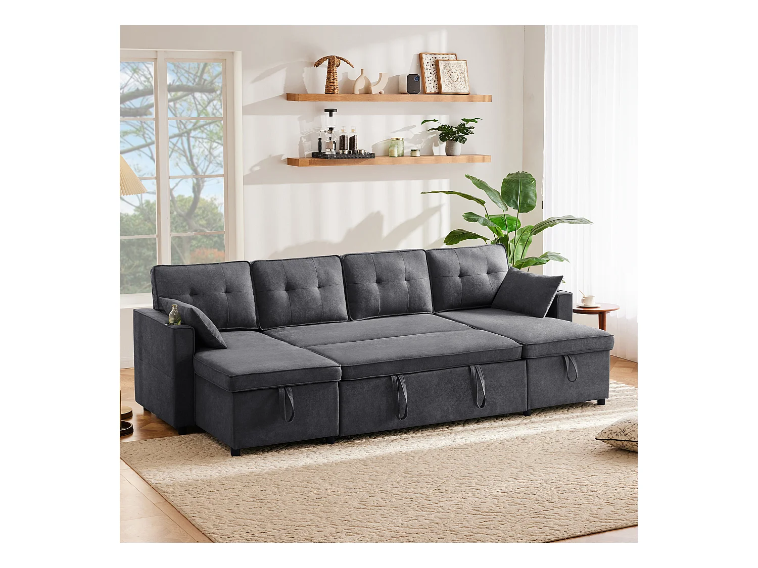 Sofá en U 270x130x86 cm - Sofá acolchado - Tela de algodón y lino - Con porta vasos - Dos compartimentos de almacenamiento - Gris