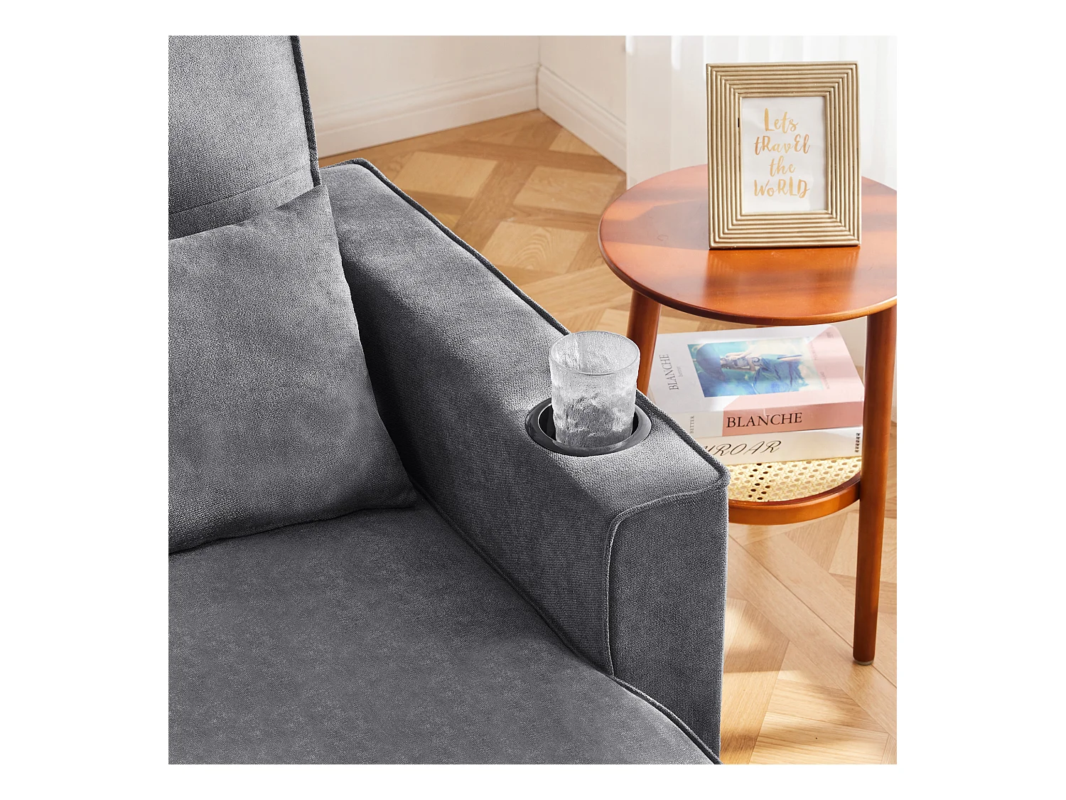 Sofá en U 270x130x86 cm - Sofá acolchado - Tela de algodón y lino - Con porta vasos - Dos compartimentos de almacenamiento - Gris