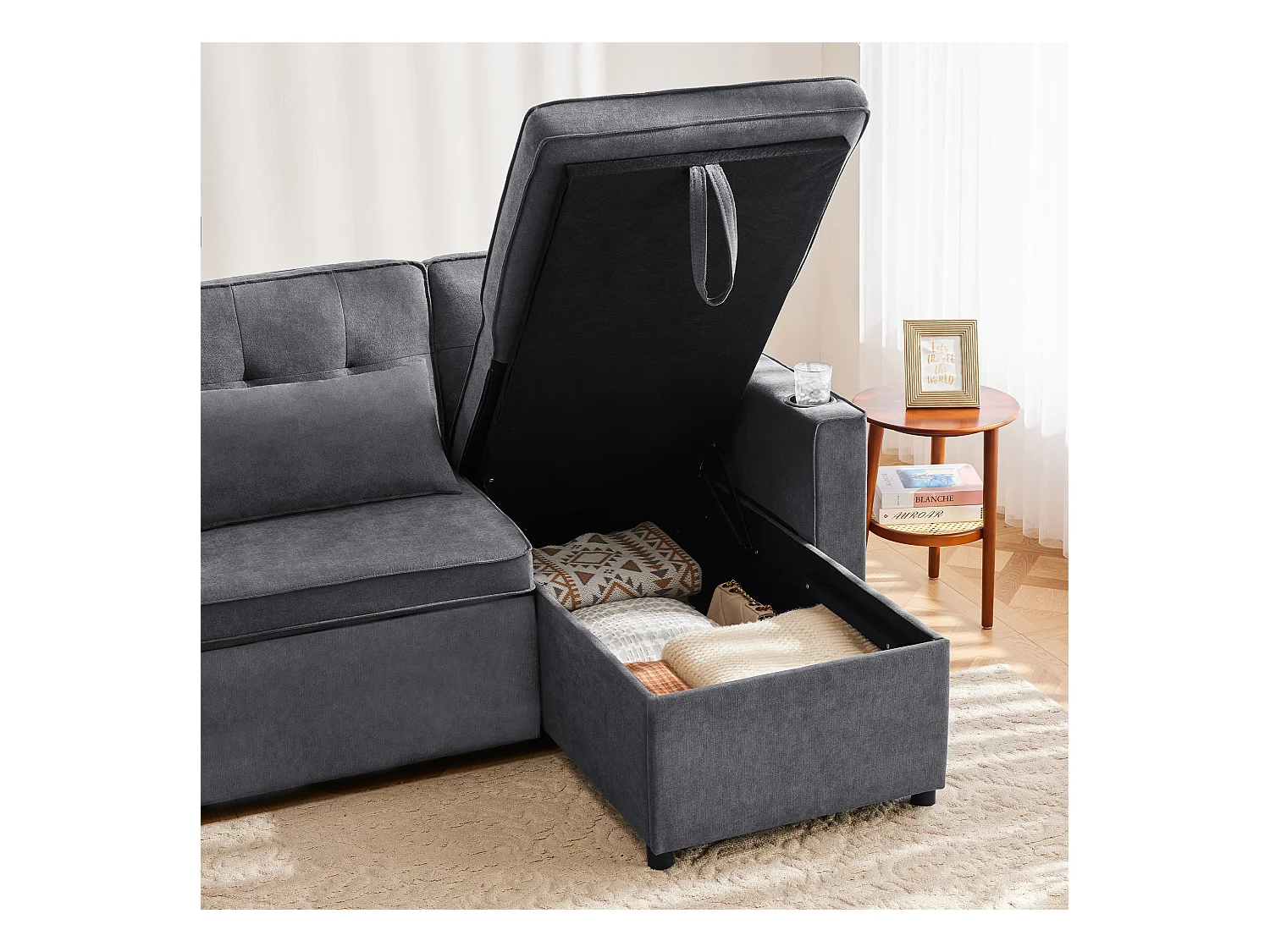 Sofá en U 270x130x86 cm - Sofá acolchado - Tela de algodón y lino - Con porta vasos - Dos compartimentos de almacenamiento - Gris