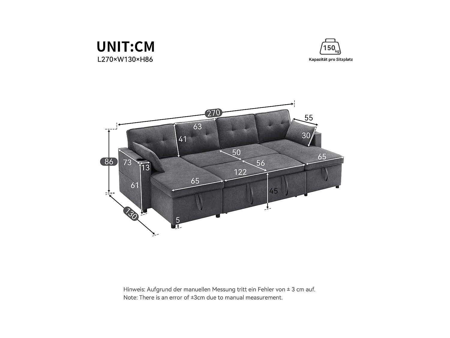 Sofá en U 270x130x86 cm - Sofá acolchado - Tela de algodón y lino - Con porta vasos - Dos compartimentos de almacenamiento - Gris