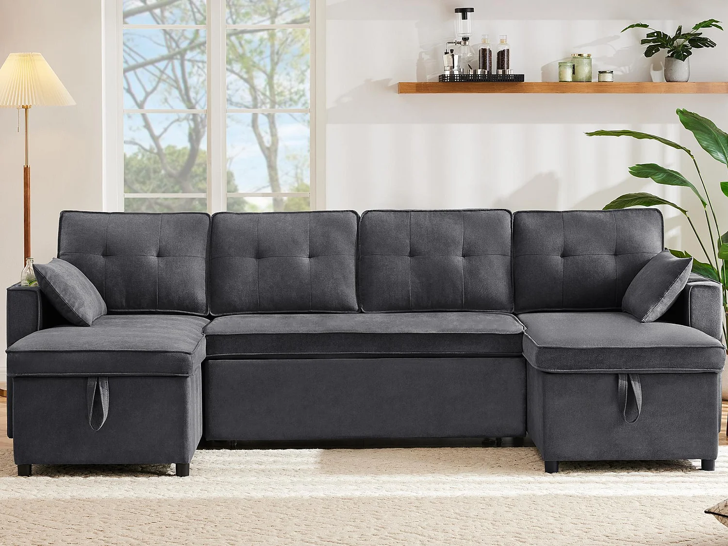 Canapé en U 270x130x86cm - Canapé rembourré - Tissu coton et lin - Avec porte-gobelet - Deux compartiments de rangement - Gris