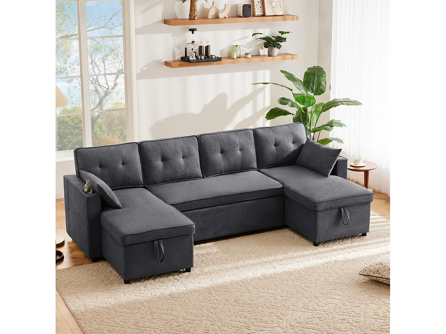 Canapé en U 270x130x86cm - Canapé rembourré - Tissu coton et lin - Avec porte-gobelet - Deux compartiments de rangement - Gris