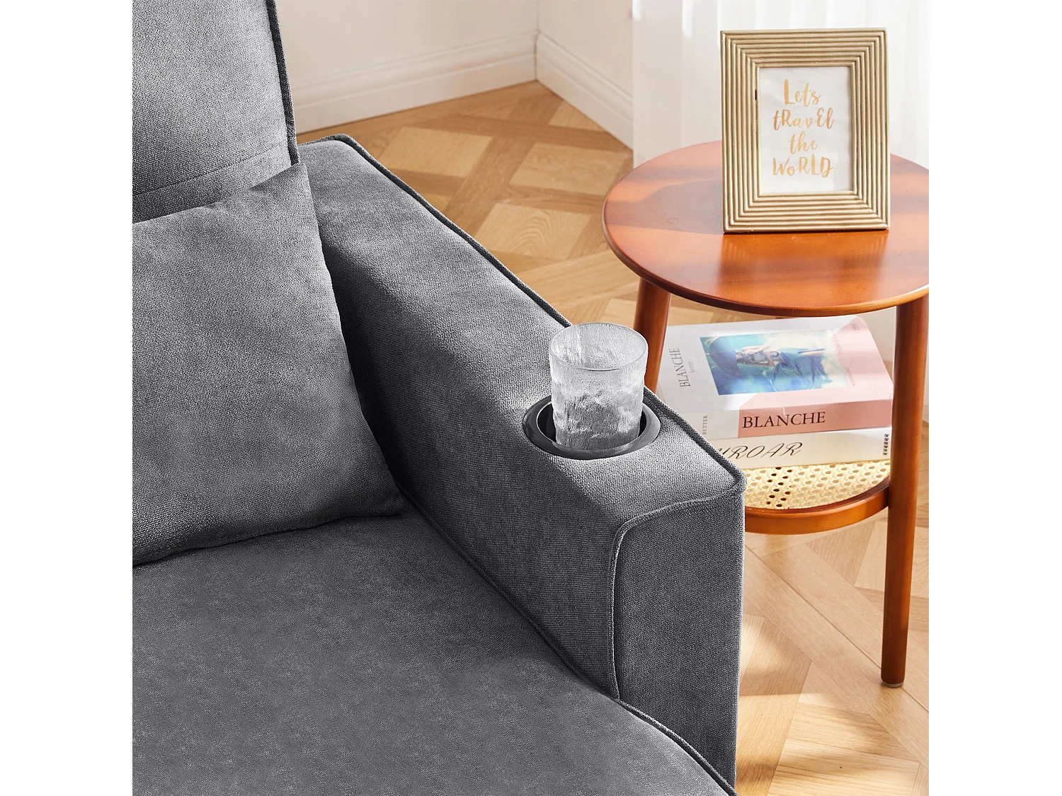 Canapé en U 270x130x86cm - Canapé rembourré - Tissu coton et lin - Avec porte-gobelet - Deux compartiments de rangement - Gris