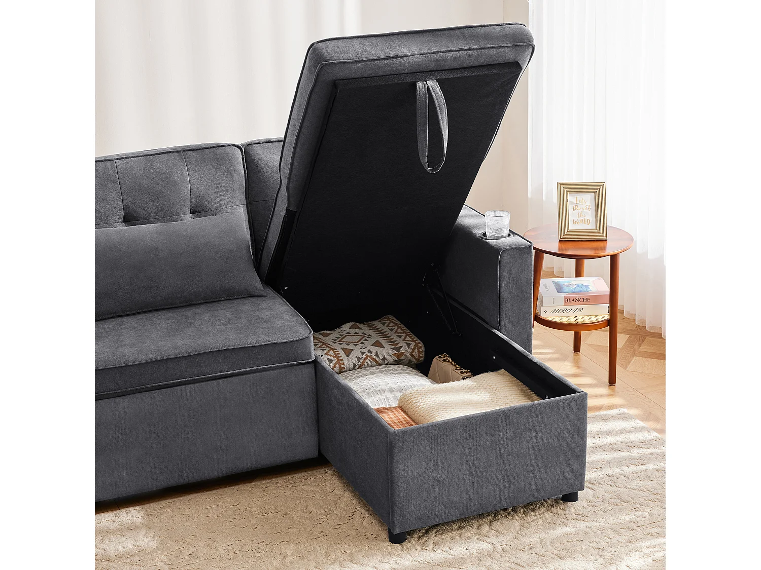 Canapé en U 270x130x86cm - Canapé rembourré - Tissu coton et lin - Avec porte-gobelet - Deux compartiments de rangement - Gris