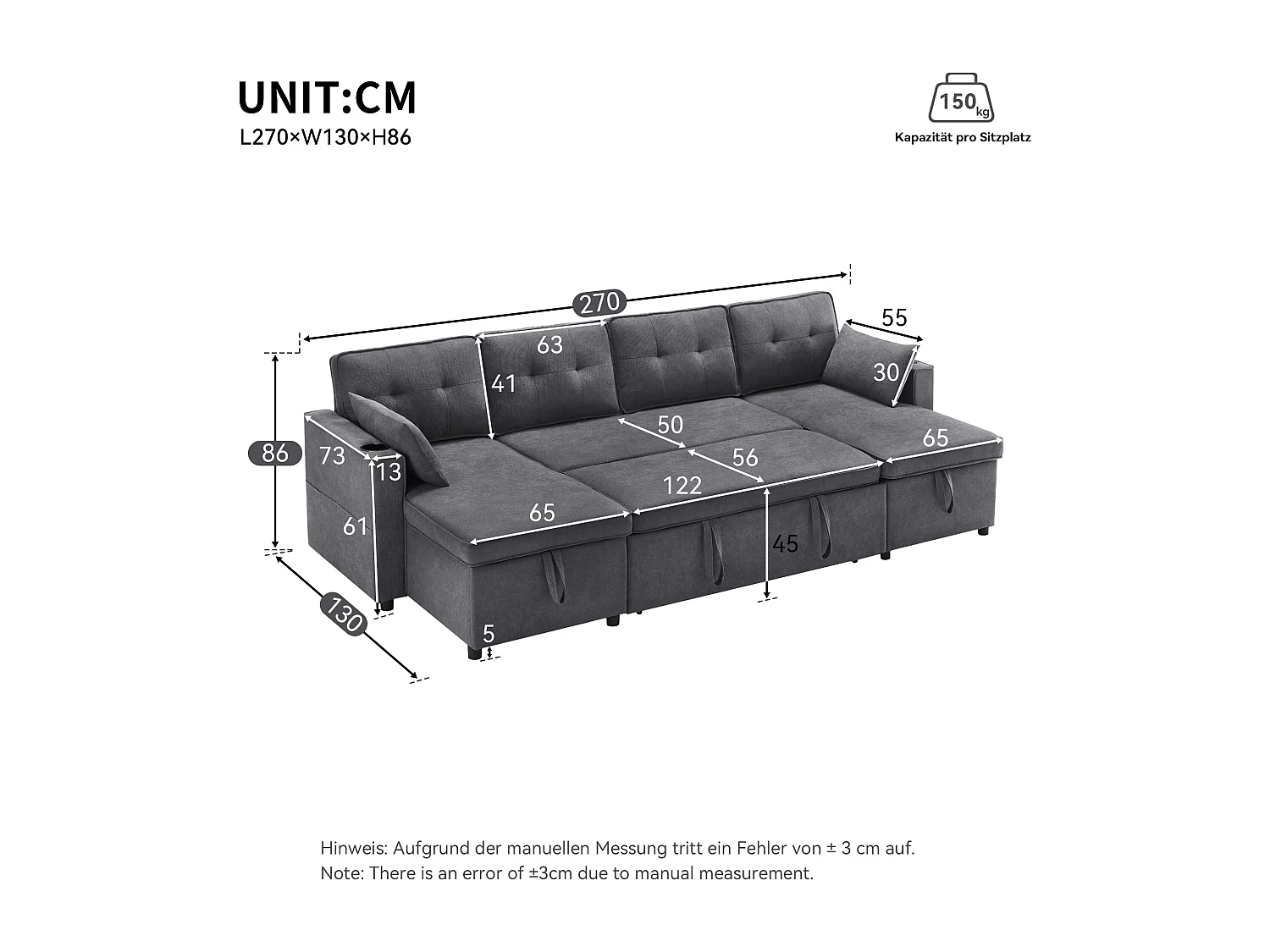 Canapé en U 270x130x86cm - Canapé rembourré - Tissu coton et lin - Avec porte-gobelet - Deux compartiments de rangement - Gris