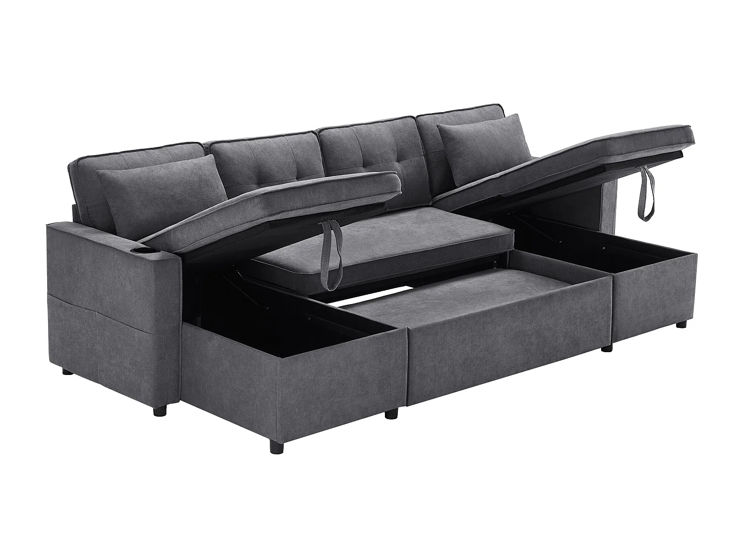 Canapé en U 270x130x86cm - Canapé rembourré - Tissu coton et lin - Avec porte-gobelet - Deux compartiments de rangement - Gris