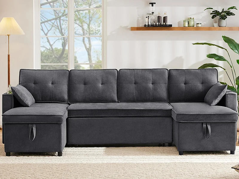 Kanapa w kształcie U 270x130x86cm - Kanapa tapicerowana - Tkanina bawełniana i lniana - Z uchwytem na kubek - Dwie komory do przechowywania - Szary