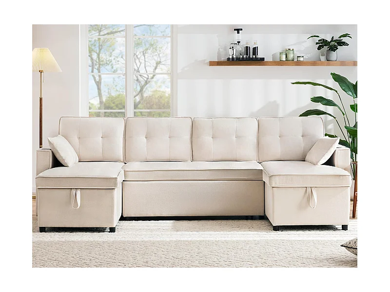 Kanapa w kształcie U 270x130x86cm - Kanapa tapicerowana - Tkanina bawełniana i lniana - Z uchwytem na kubek - Dwie komory do przechowywania - beżowa