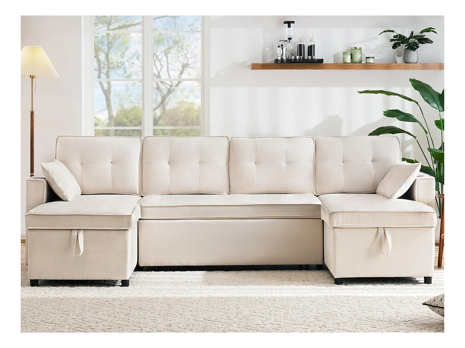 Canapé en U 270x130x86cm - Canapé rembourré - Tissu coton et lin - Avec porte-gobelet - Deux compartiments de rangement - beige