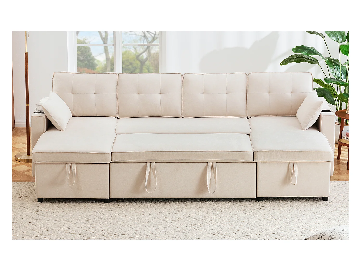 Sofá en U 270x130x86 cm - Sofá acolchado - Tela de algodón y lino - Con porta vasos - Dos compartimentos de almacenamiento - beige