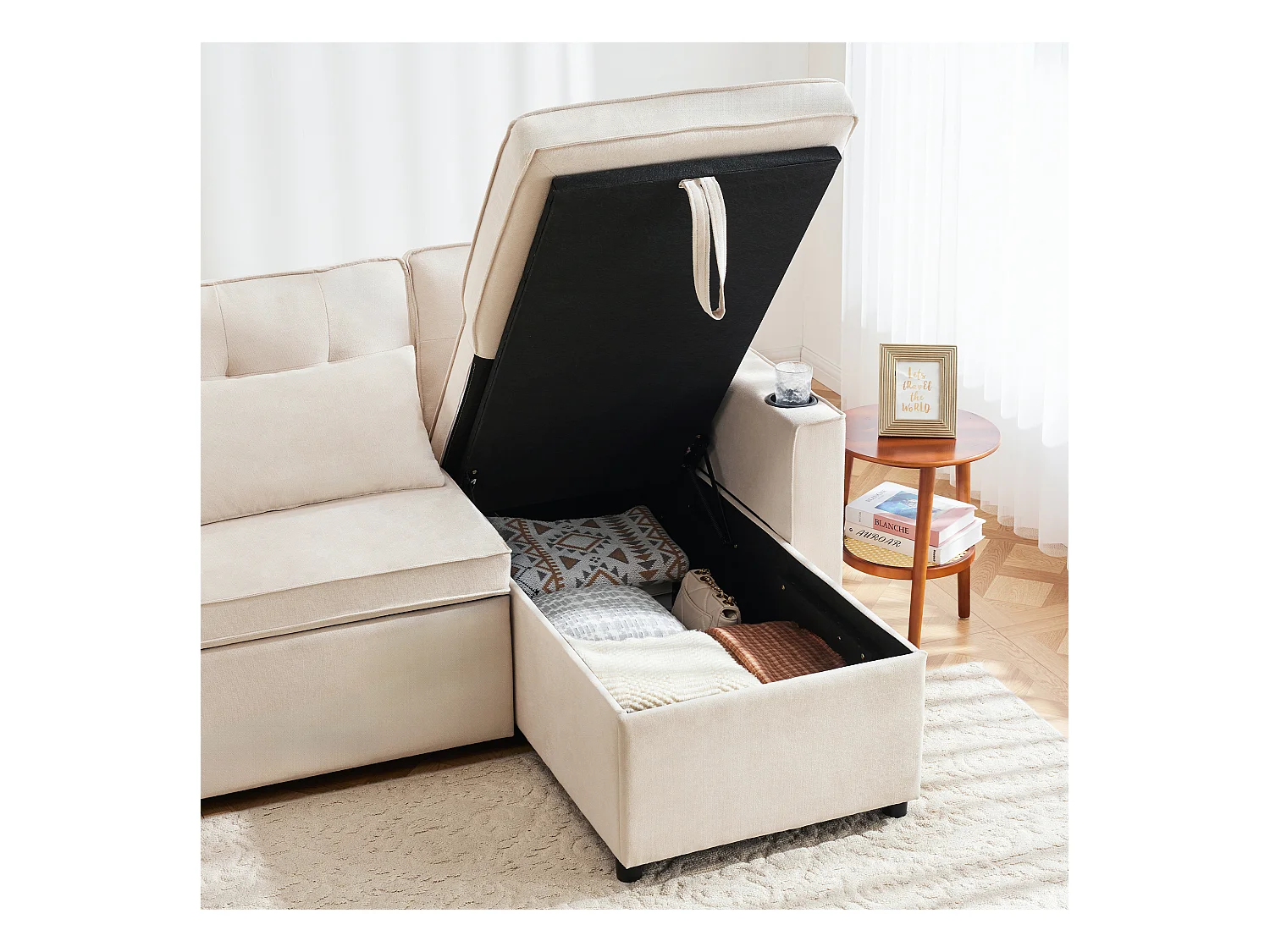 Sofá en U 270x130x86 cm - Sofá acolchado - Tela de algodón y lino - Con porta vasos - Dos compartimentos de almacenamiento - beige