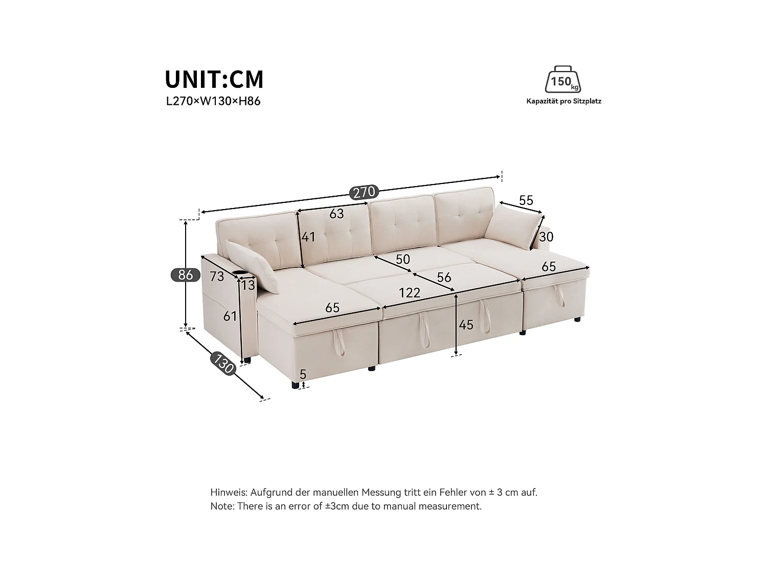 Sofá en U 270x130x86 cm - Sofá acolchado - Tela de algodón y lino - Con porta vasos - Dos compartimentos de almacenamiento - beige