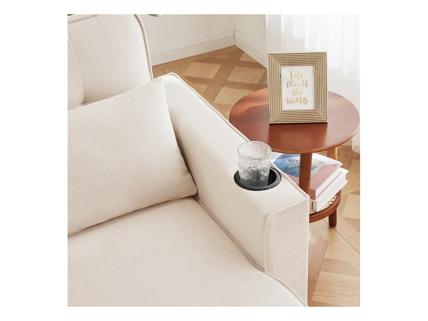 Sofá en U 270x130x86 cm - Sofá acolchado - Tela de algodón y lino - Con porta vasos - Dos compartimentos de almacenamiento - beige