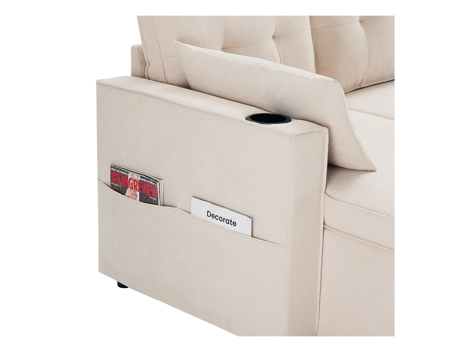 Sofá en U 270x130x86 cm - Sofá acolchado - Tela de algodón y lino - Con porta vasos - Dos compartimentos de almacenamiento - beige