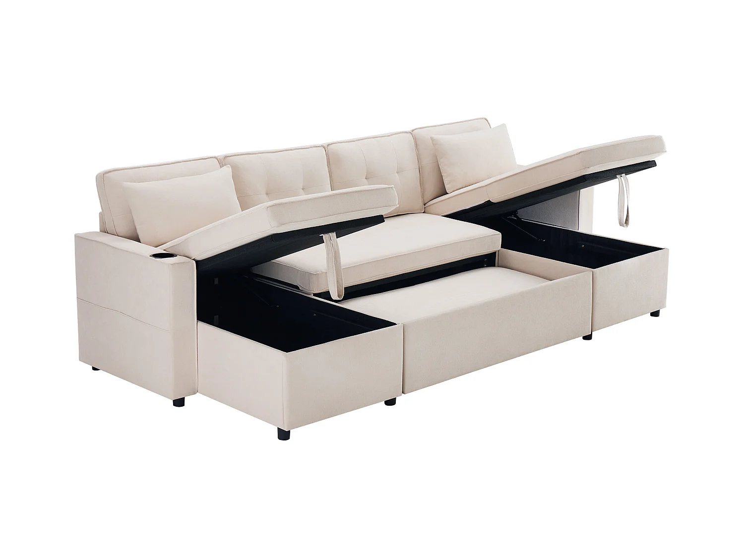 Sofá en U 270x130x86 cm - Sofá acolchado - Tela de algodón y lino - Con porta vasos - Dos compartimentos de almacenamiento - beige