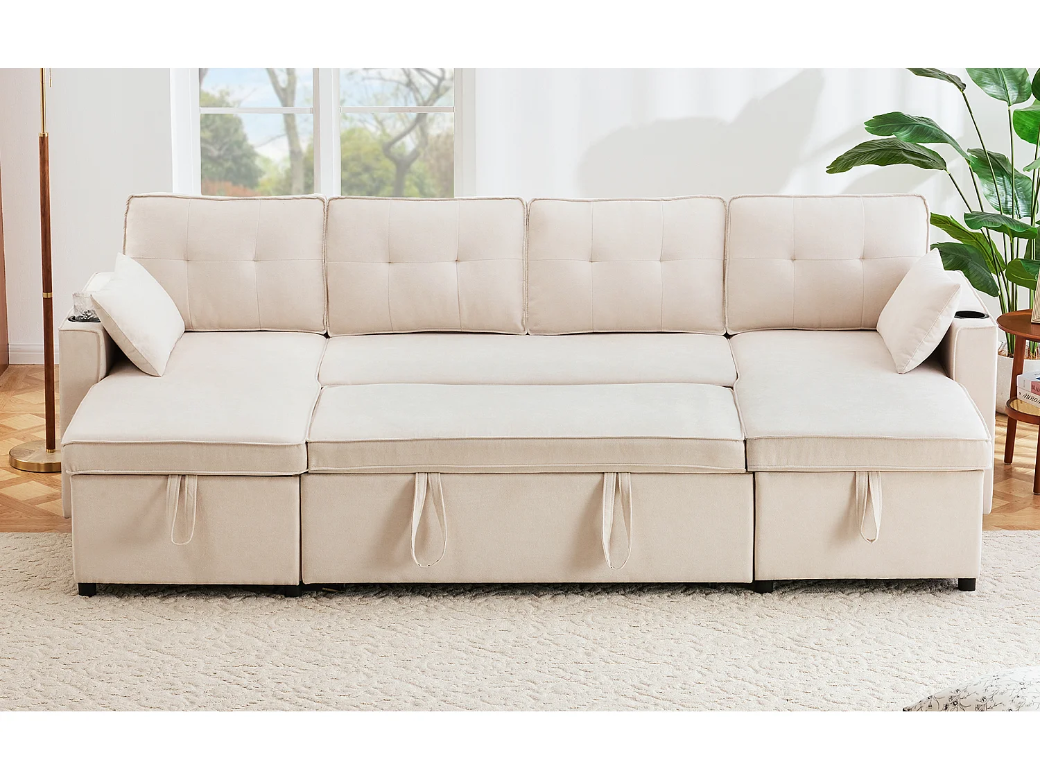 Canapé en U 270x130x86cm - Canapé rembourré - Tissu coton et lin - Avec porte-gobelet - Deux compartiments de rangement - beige