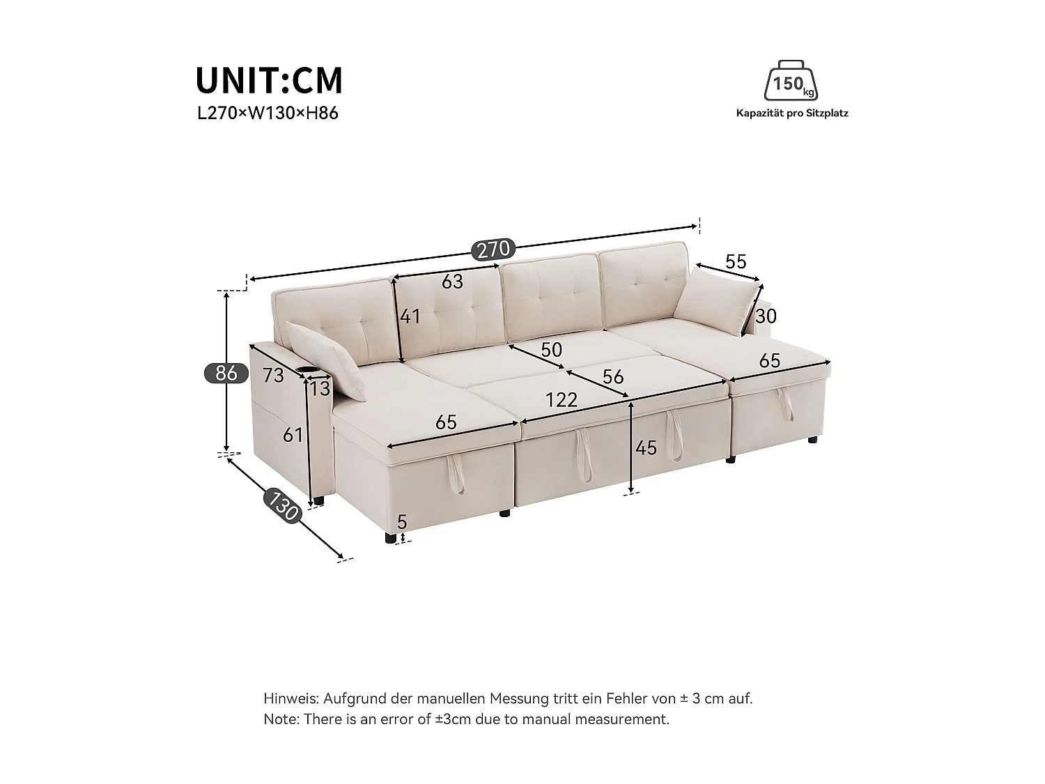 Canapé en U 270x130x86cm - Canapé rembourré - Tissu coton et lin - Avec porte-gobelet - Deux compartiments de rangement - beige