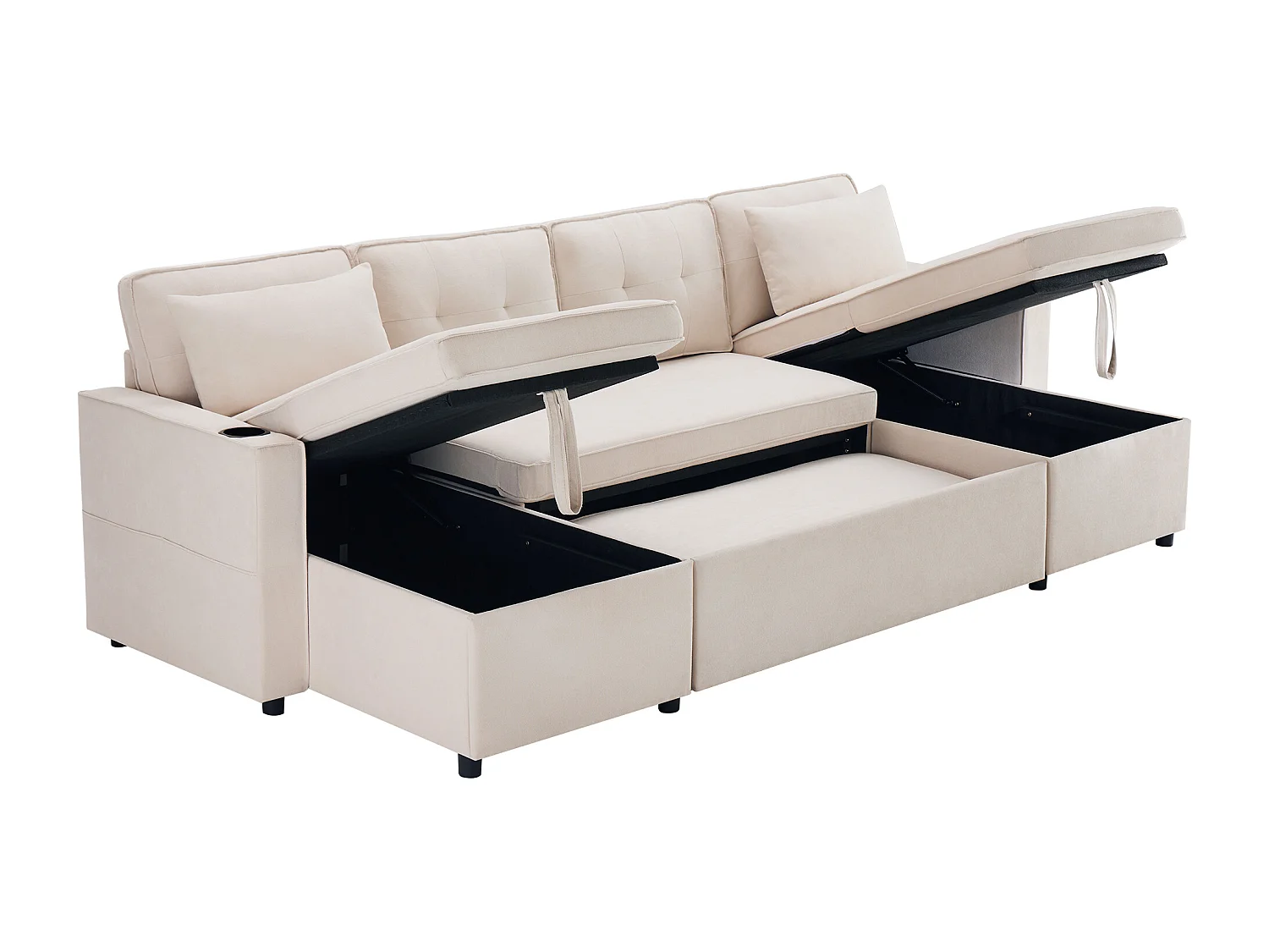 Canapé en U 270x130x86cm - Canapé rembourré - Tissu coton et lin - Avec porte-gobelet - Deux compartiments de rangement - beige