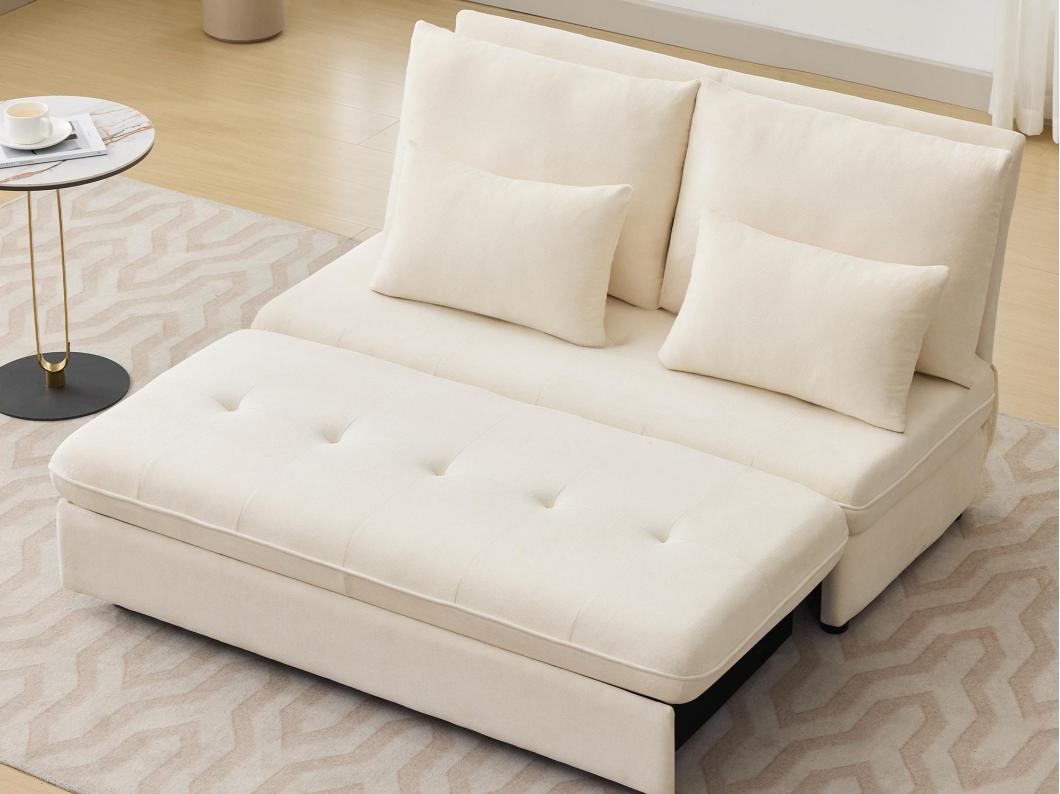 Sofá contemporâneo - Sofá acolchoado - Sofá-cama dobrável - Tecido de veludo - Armazenamento deslizante - Bege
