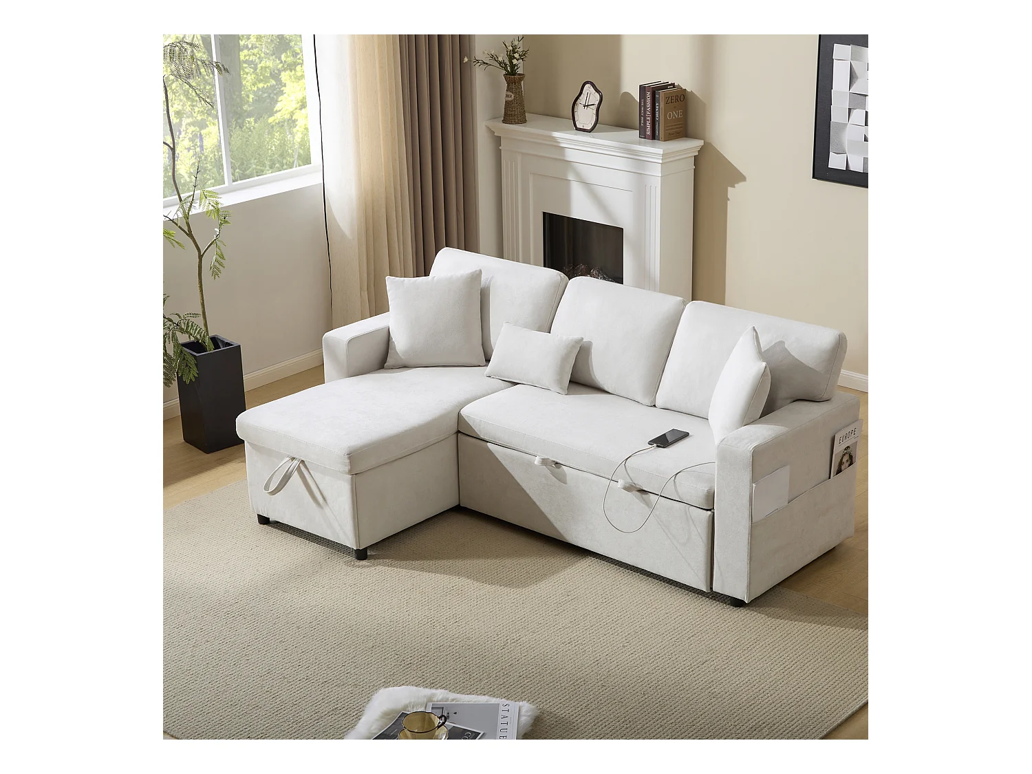 Kanapa 215x133x85 cm - z portem USB - z miejscem do przechowywania - z funkcją spania - Beżowa