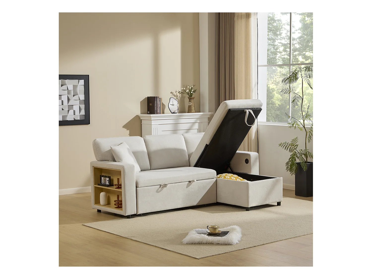 Kanapa 215x133x85 cm - z portem USB - z miejscem do przechowywania - z funkcją spania - Beżowa