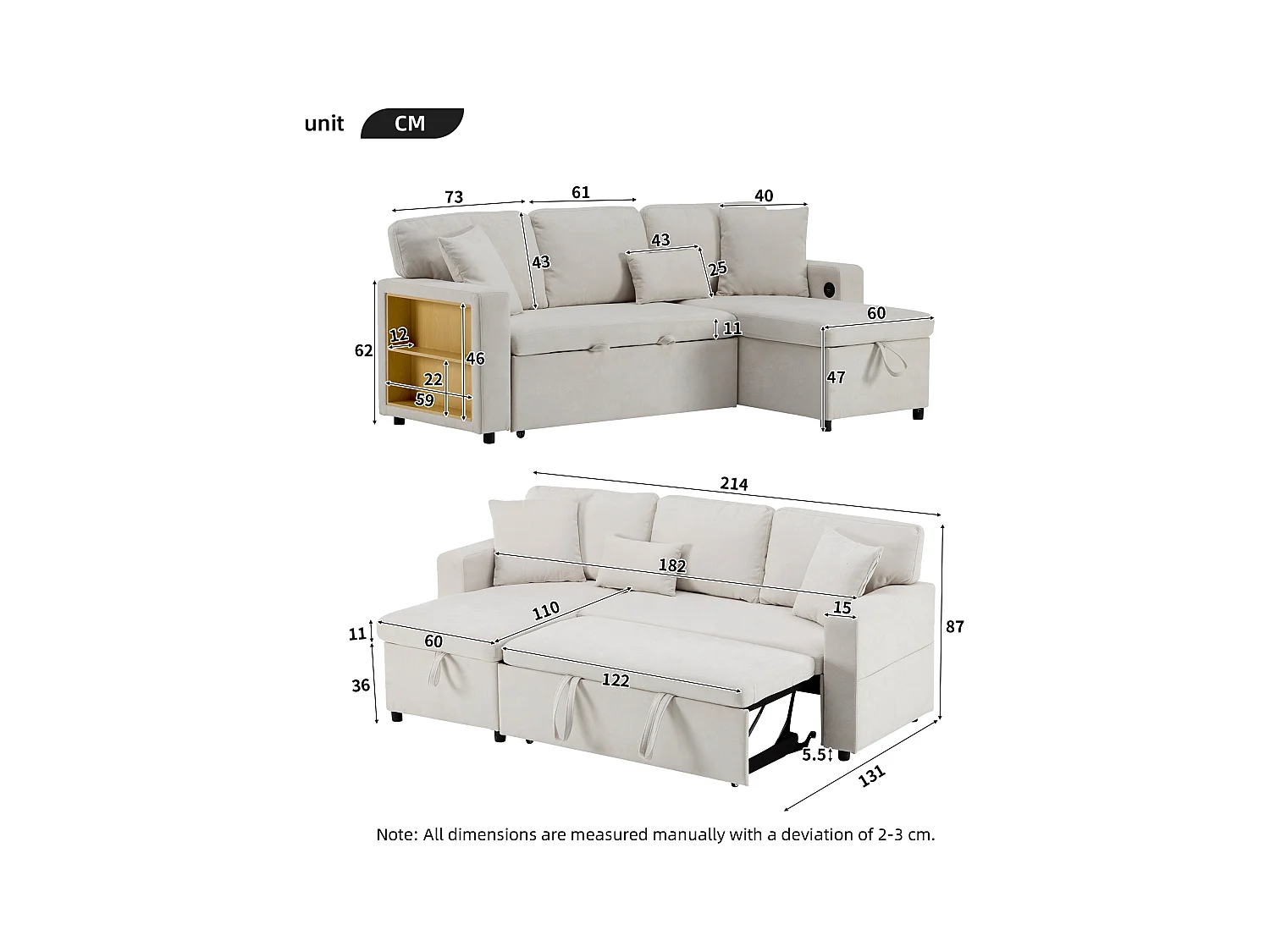 Kanapa 215x133x85 cm - z portem USB - z miejscem do przechowywania - z funkcją spania - Beżowa