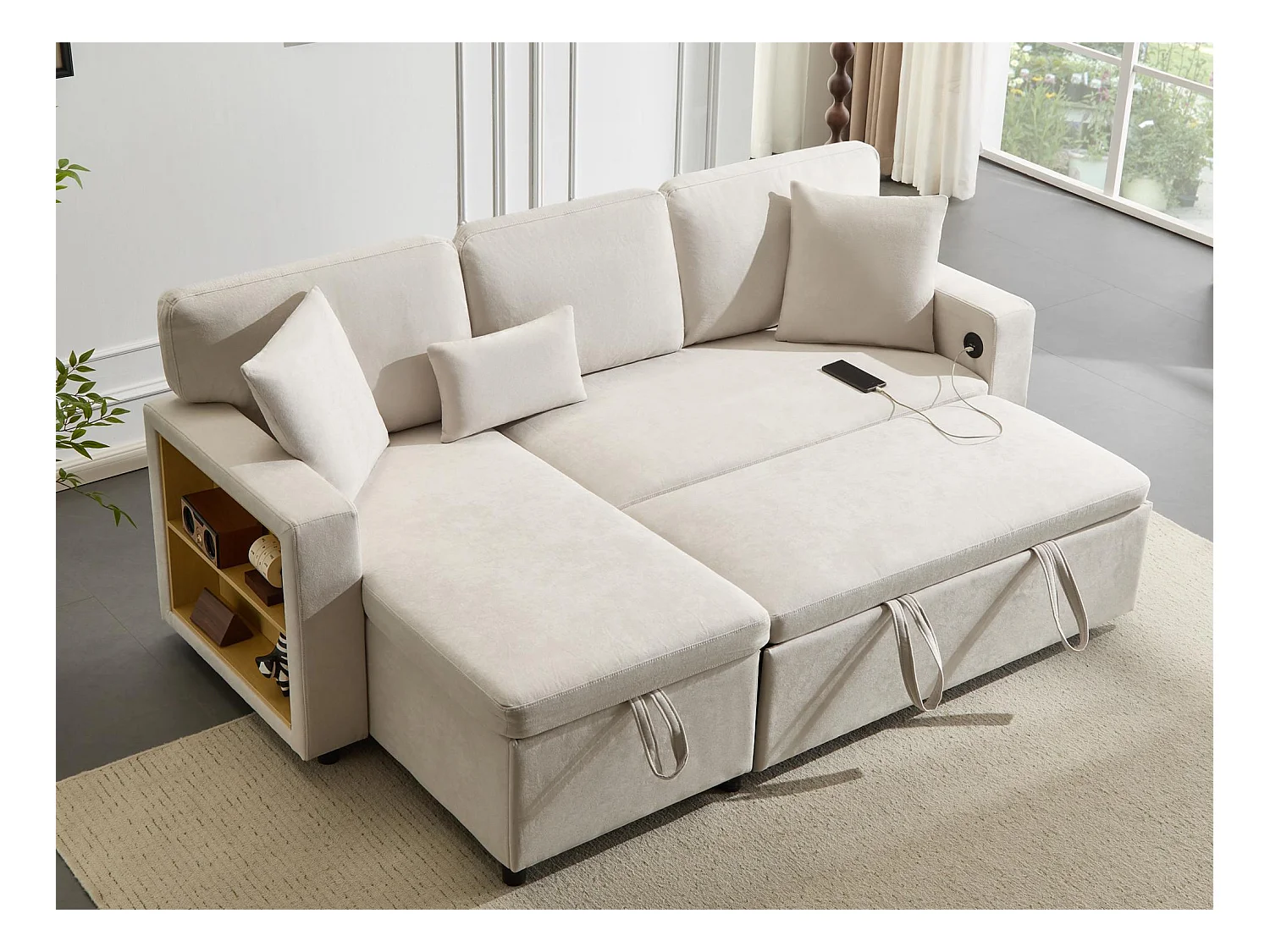 Canapé 215x133x85cm - avec port USB - avec rangement - avec fonction lit - Beige