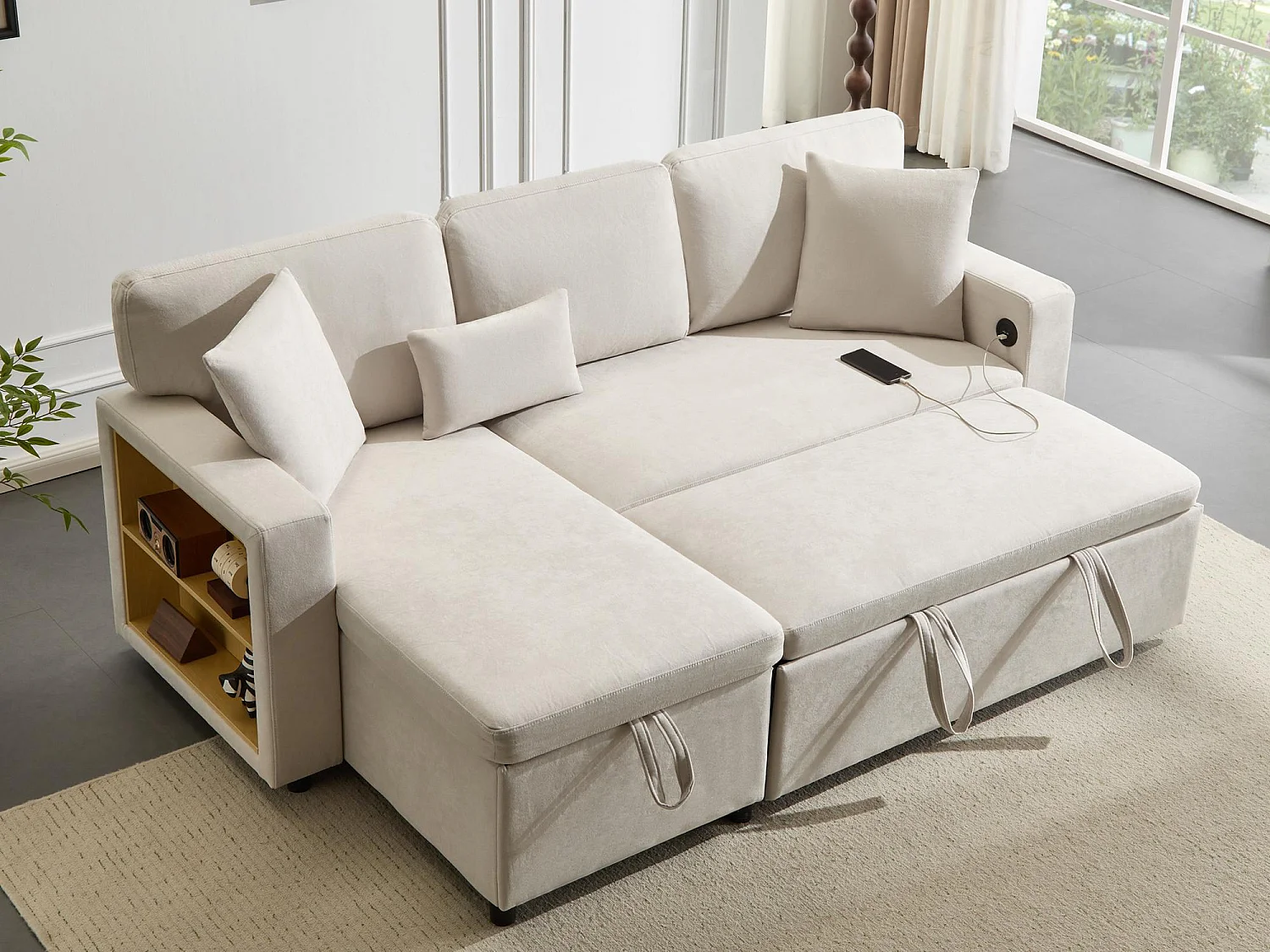 Canapé 215x133x85cm - avec port USB - avec rangement - avec fonction lit - Beige