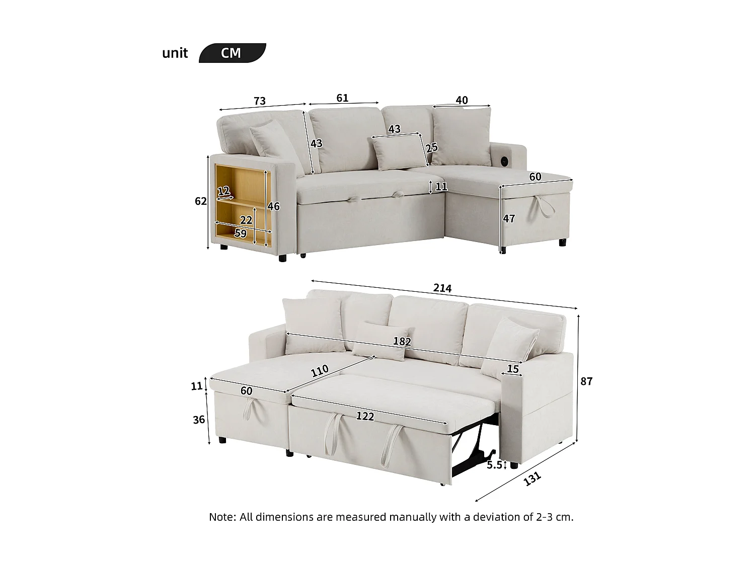 Canapé 215x133x85cm - avec port USB - avec rangement - avec fonction lit - Beige